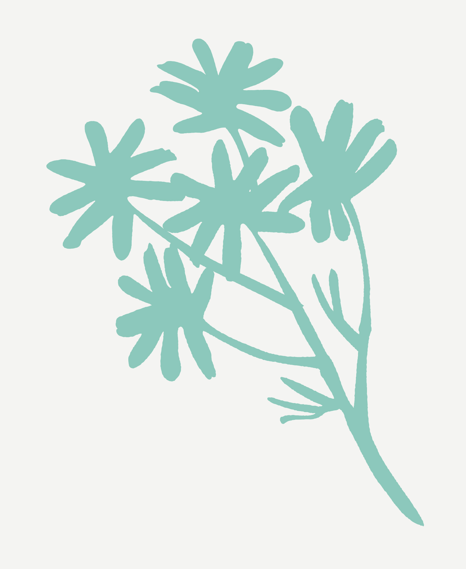 Minimalist teal botanical illustration of a flower stem with multiple abstract daisy-like blooms.