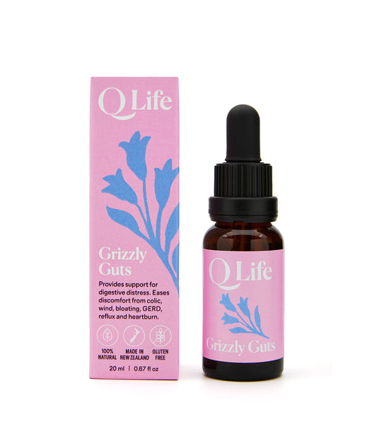 Q Life Grizzly Guts natural herbal drops for digestive relief and trapped wind.