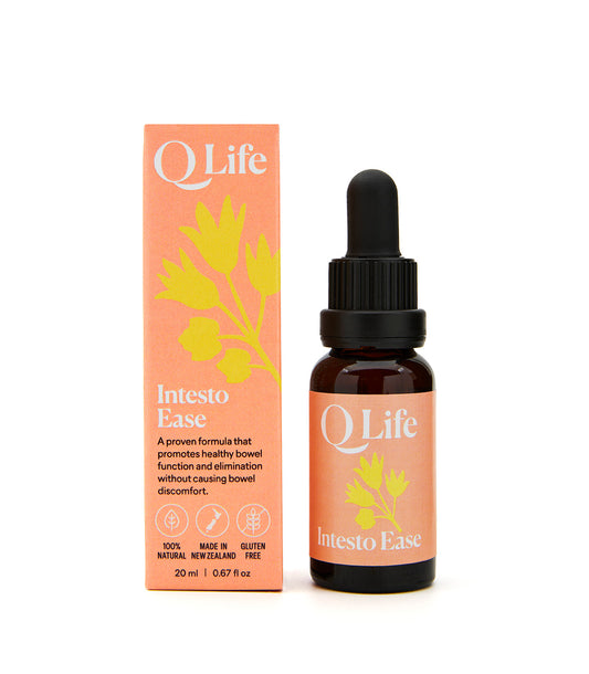 Q Life Intesto Ease natural herbal drops for healthy bowel function and constipation relief.