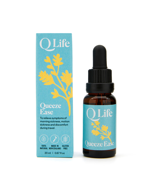 Q Life Queeze Ease natural herbal drops for nausea and stomach discomfort relief.