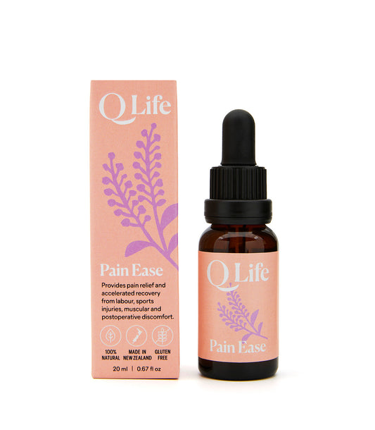 Q Life Pain Ease herbal drops for natural pain relief and tension.