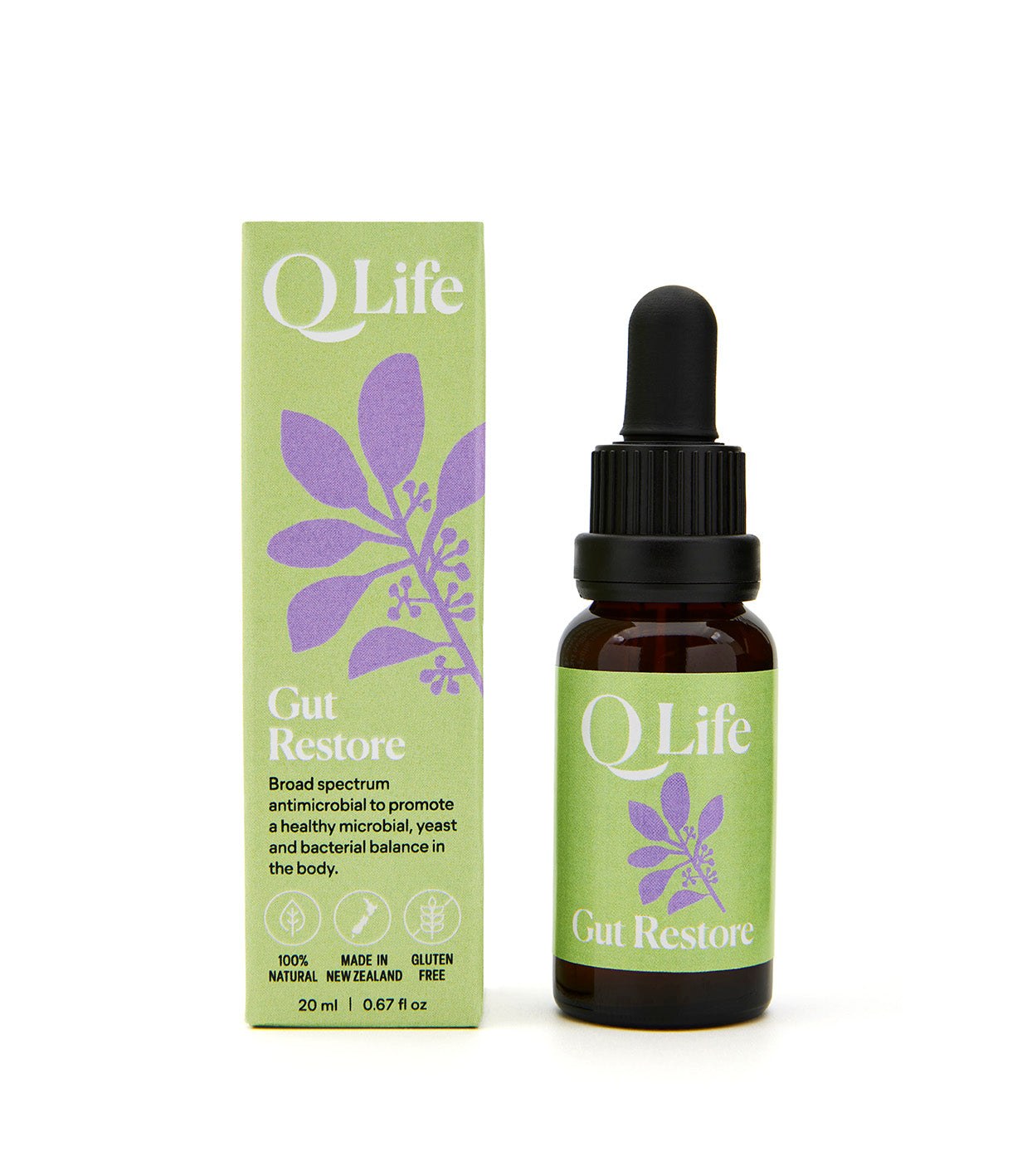 Q Life Gut Restore broad-spectrum formula for healthy microbial environment and candida overgrowth.