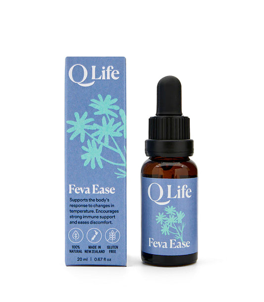 Q Life Feva Ease natural herbal drops for fever and discomfort relief.