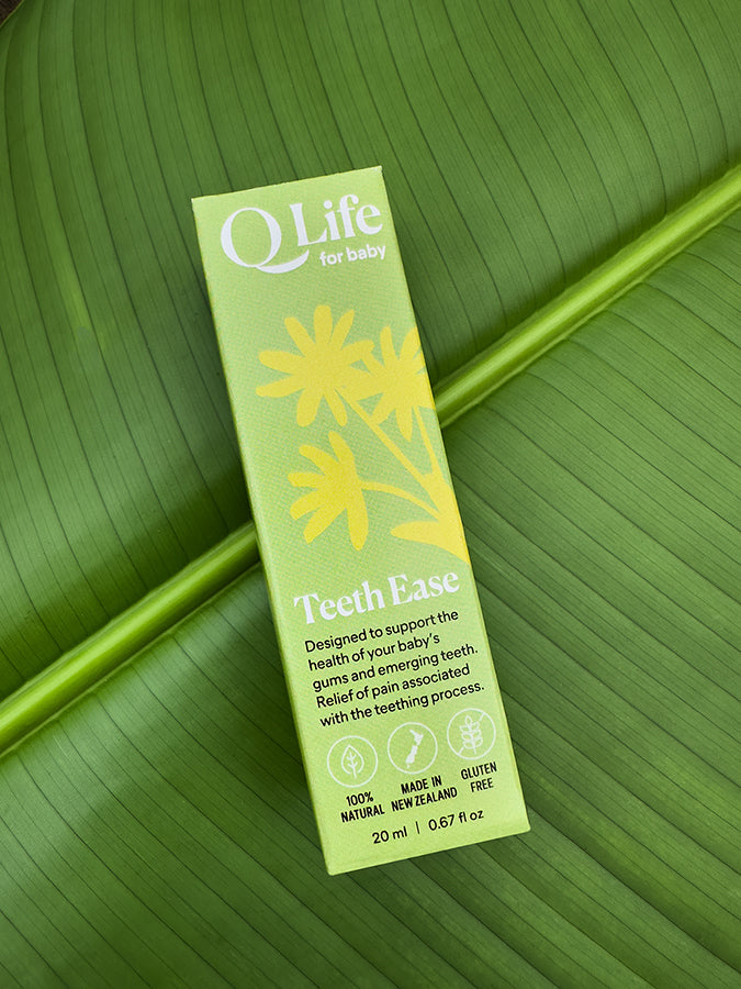Q Life Teeth Ease Drops box on a green leaf, highlighting the product's natural ingredients.