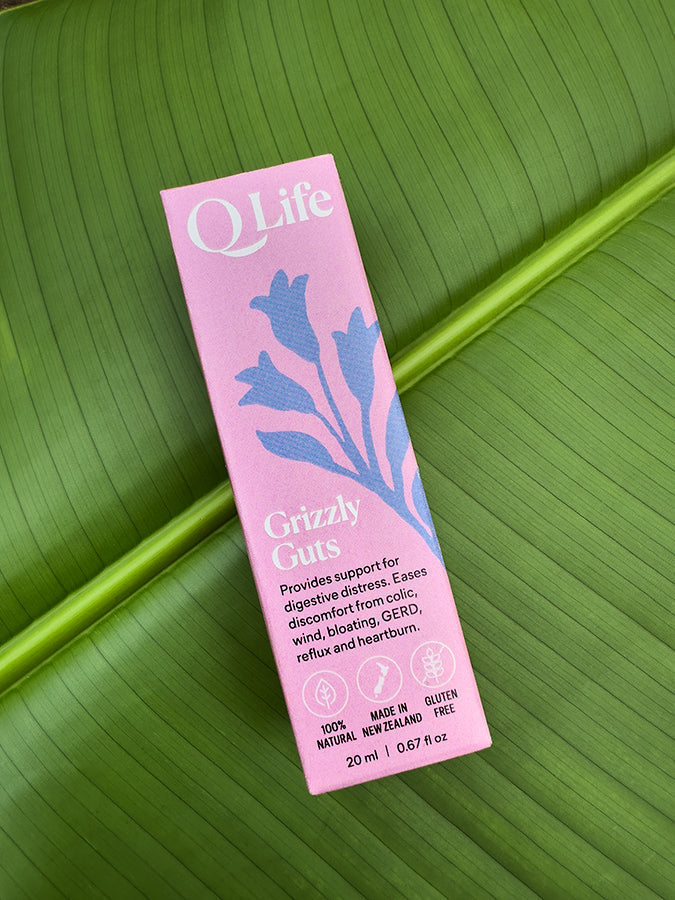 Q Life Grizzly Guts box on a green leaf, highlighting the product's natural ingredients.