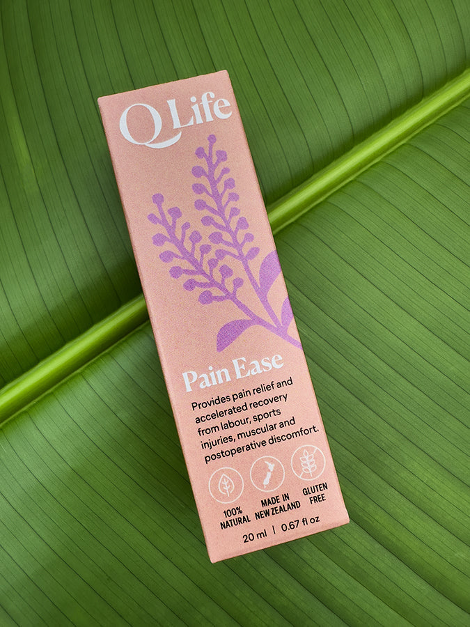 QLife Pain Ease Drops box on a green leaf, highlighting the product's natural ingredients.