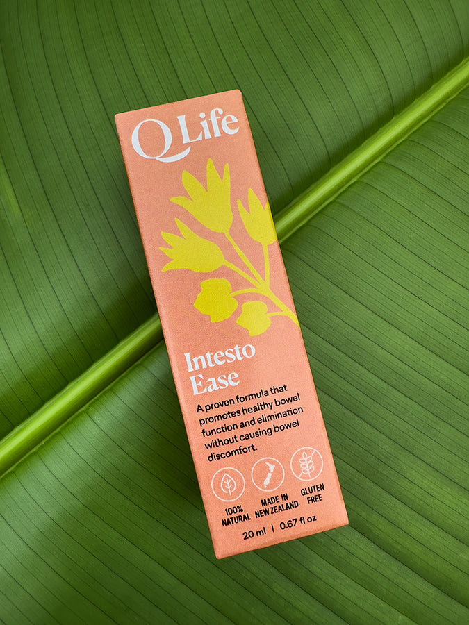 Q Life Intesto Ease box on a green leaf, highlighting the product's natural ingredients.