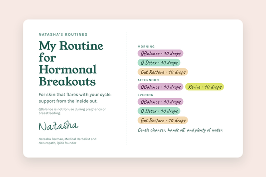 Natasha's Routine for Hormonal Breakouts card: QBalance, Q Detox, Gut Restore and Revive