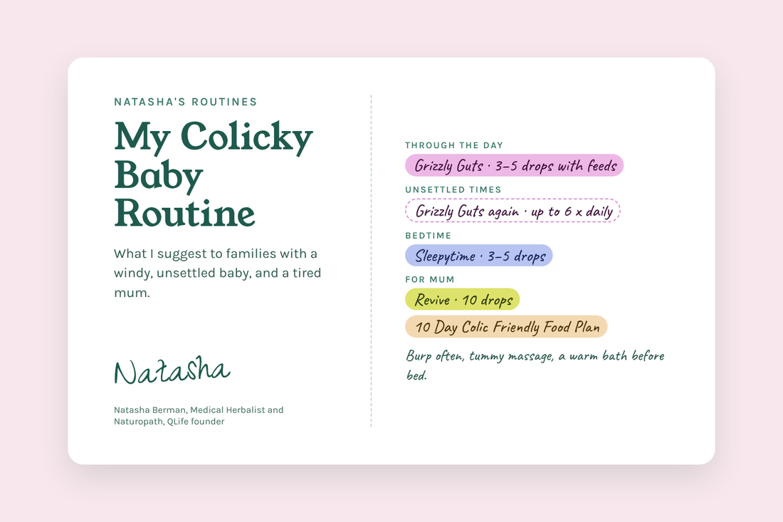 Natasha's Colicky Baby Routine card: Grizzly Guts, Sleepytime, Revive and the 10 Day Colic Friendly Food Plan