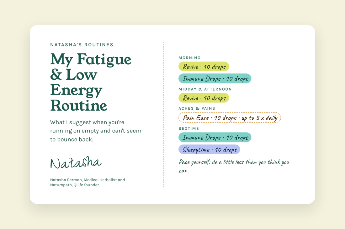 Natasha's Fatigue and Low Energy Routine card: Revive Drops, Immune Drops, Pain Ease and Sleepytime