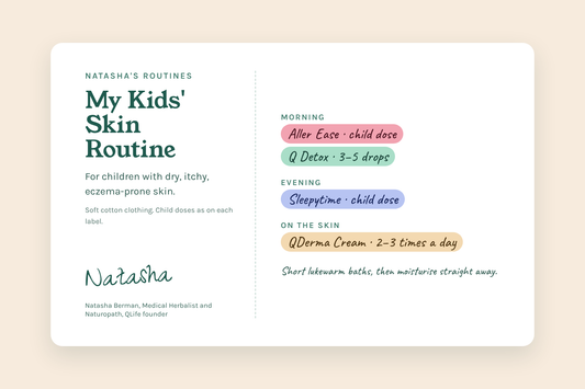 Natasha's Kids' Skin Routine card: Aller Ease, Q Detox, Sleepytime and QDerma Cream