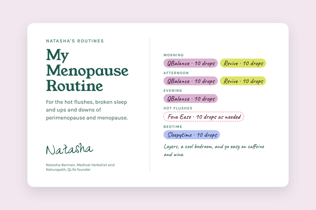 Natasha's Menopause Routine card: QBalance, Revive, Feva Ease and Sleepytime