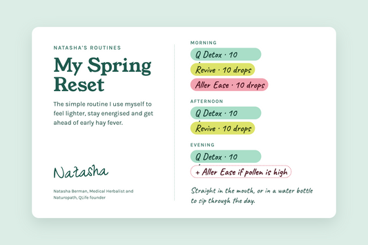 Natasha's Spring Reset routine card: Q Detox, Revive Drops and Aller Ease morning, afternoon and evening